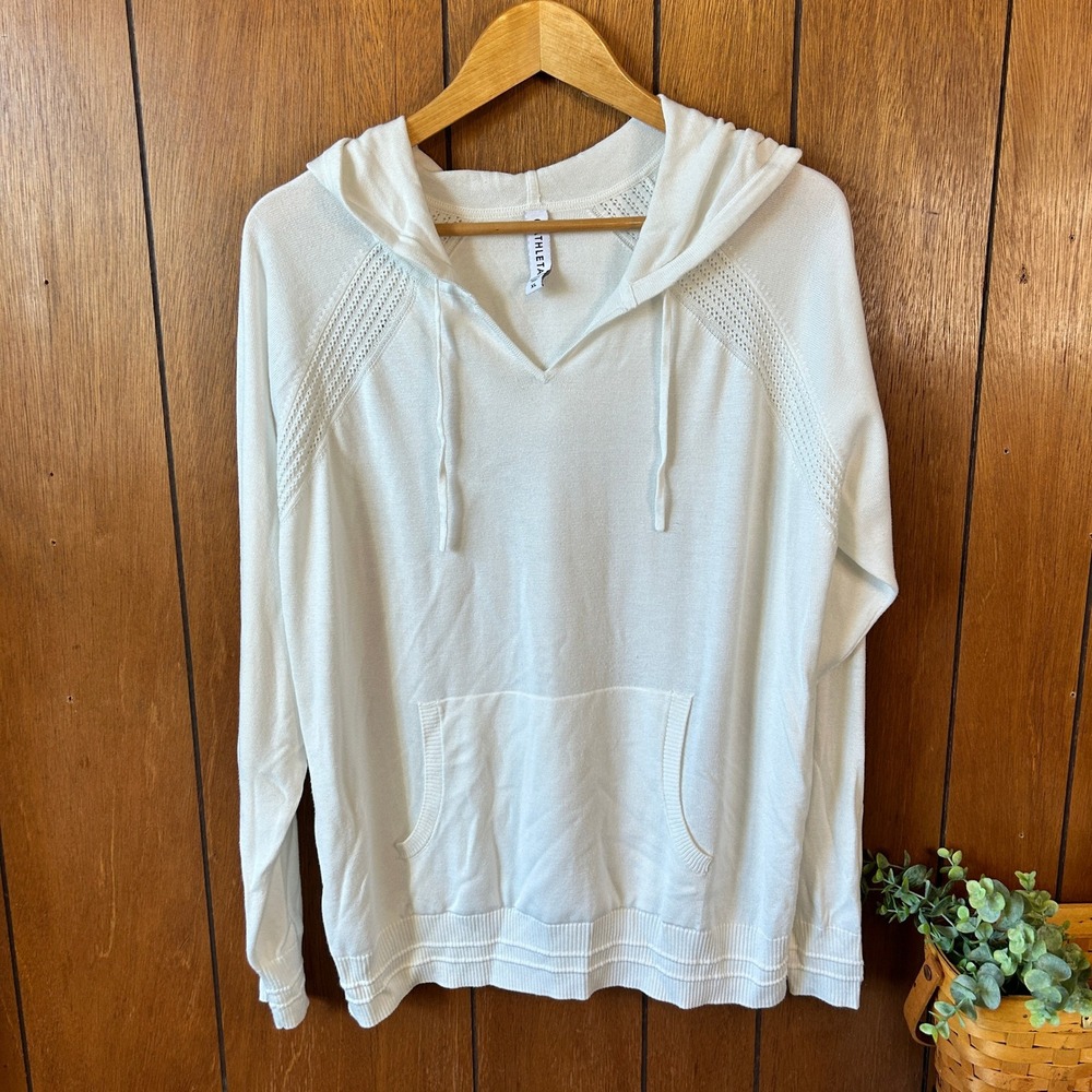 Athleta Evergreen‎ White Knit V-Neck Hoodie Pullover Sweater Size XL Athleisure - Picture 2 of 10